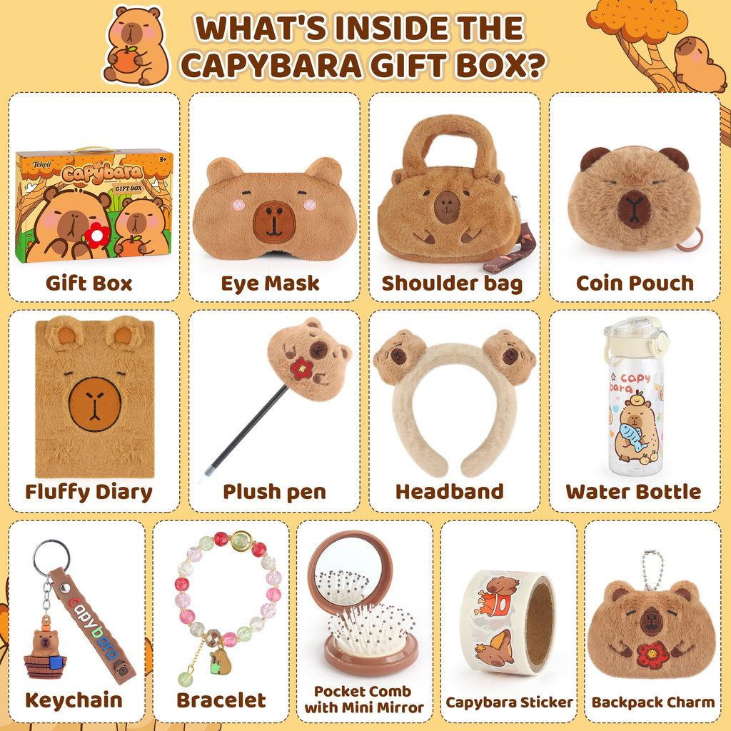 Tekeii Capybara Gifts Box, Cute Capybara Toy for Girls Kids for Back to School, Birthday, of Shoulder Bag, Coin Purch, Water Bottle, Keychain, Plush Notebook, Eye Mask, Bracelet, Pocket Comb