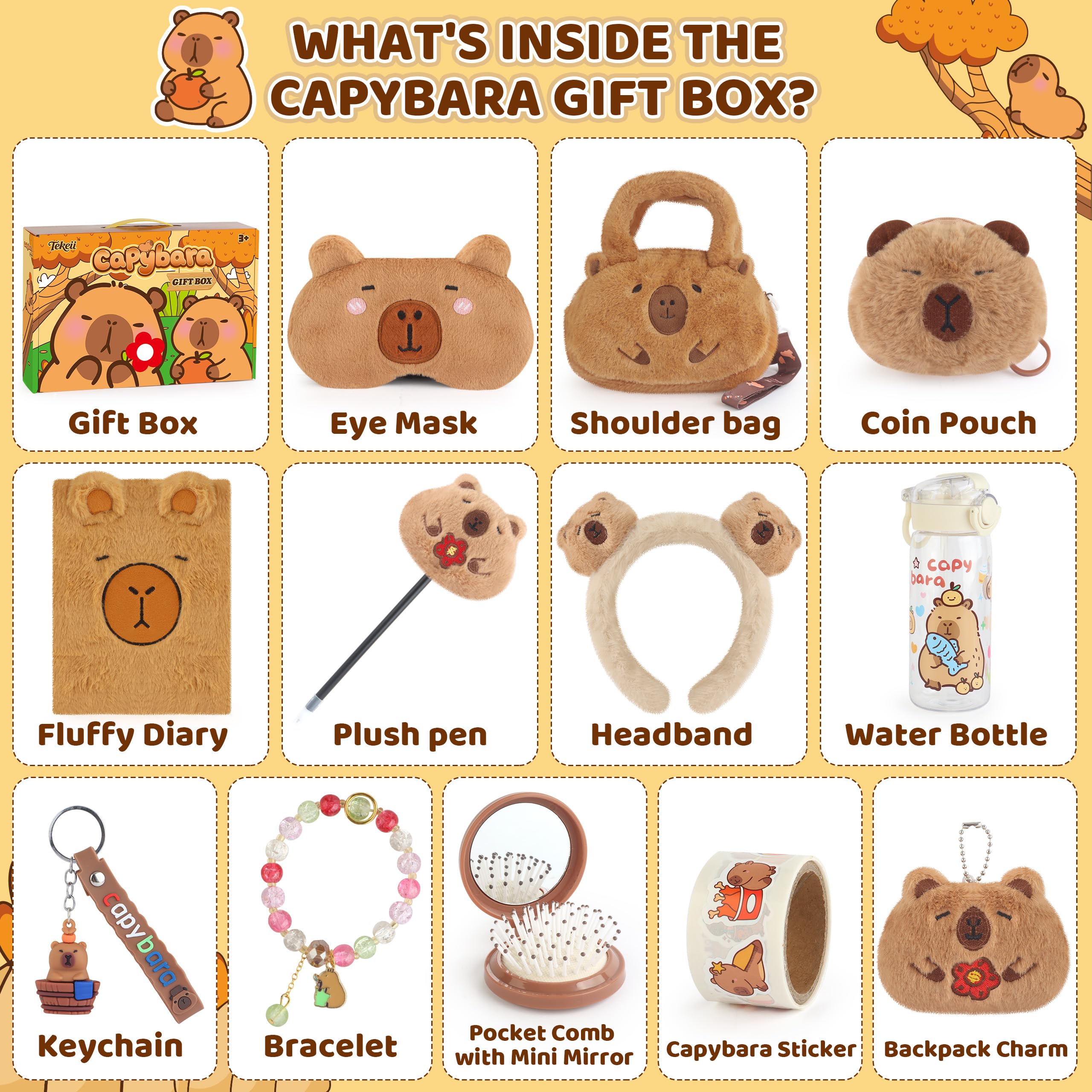 Tekeii Capybara Gifts Box, Cute Capybara Toy for Girls Kids for Back to School, Birthday, of Shoulder Bag, Coin Purch, Water Bottle, Keychain, Plush Notebook, Eye Mask, Bracelet, Pocket Comb