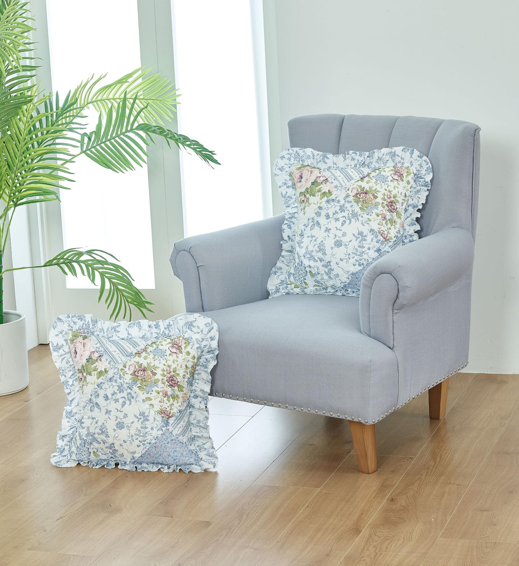 Brilliant Sunshine Blue Rose Patchwork Ruffle Pillowshams, Quilted Decorative Pillow Covers Set, Square Throw Cushion Cases for Couch, Reclining Chair, Car, Bed, 18x18, Pack of 2, Blue Rose