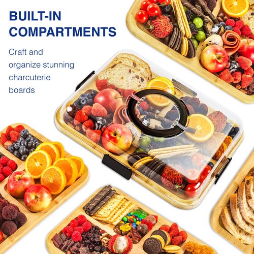 Charcuterie Board with Clear Lid, Portable Cheese Board with Dust-Proof Cover, Reversible Bamboo Cutting Board & Snack Tray, Easy-Open Latches for Picnics, Parties, Housewarming Gifts (6 Compartments)