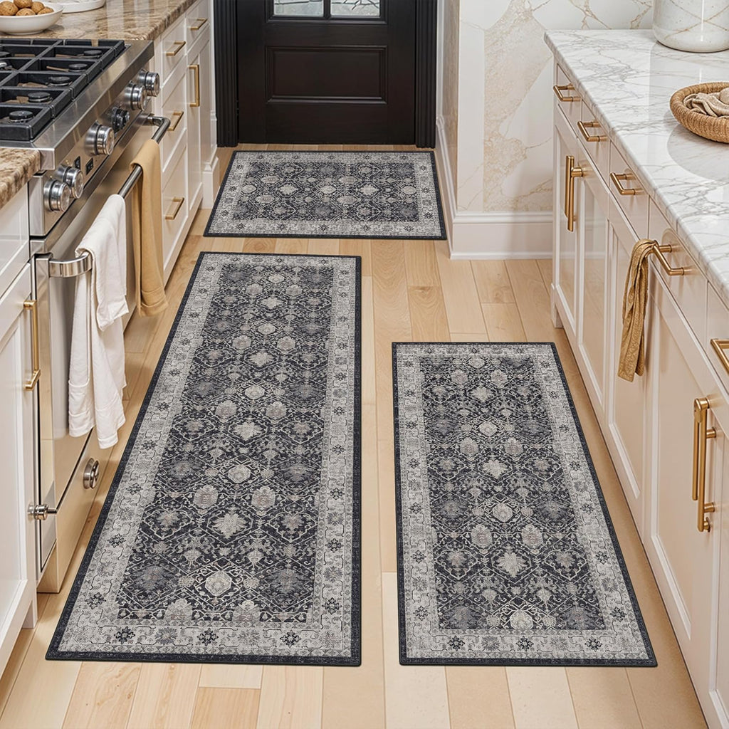 Skiennix Kitchen Rug Set - Farmhouse Washable Non-Slip Mats for Sink & Stove | Soft Cozy Runners (2x3, 2x4, 2x5, Black)