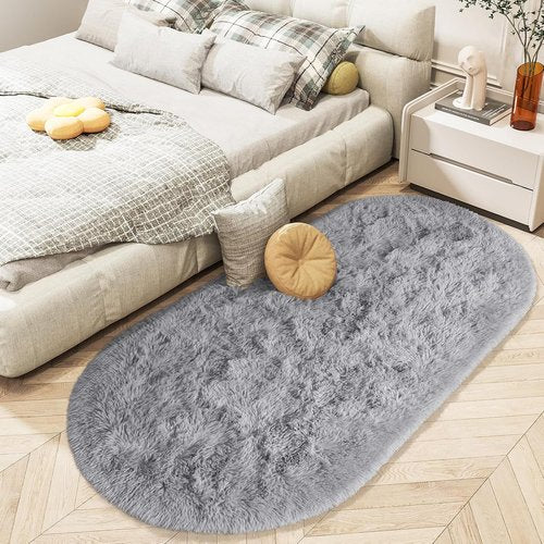 LOCHAS Gray Fluffy Shaggy Area Rug - Soft Oval Throw Rug for Bedroom & Nursery | 2.6' x 5.3'