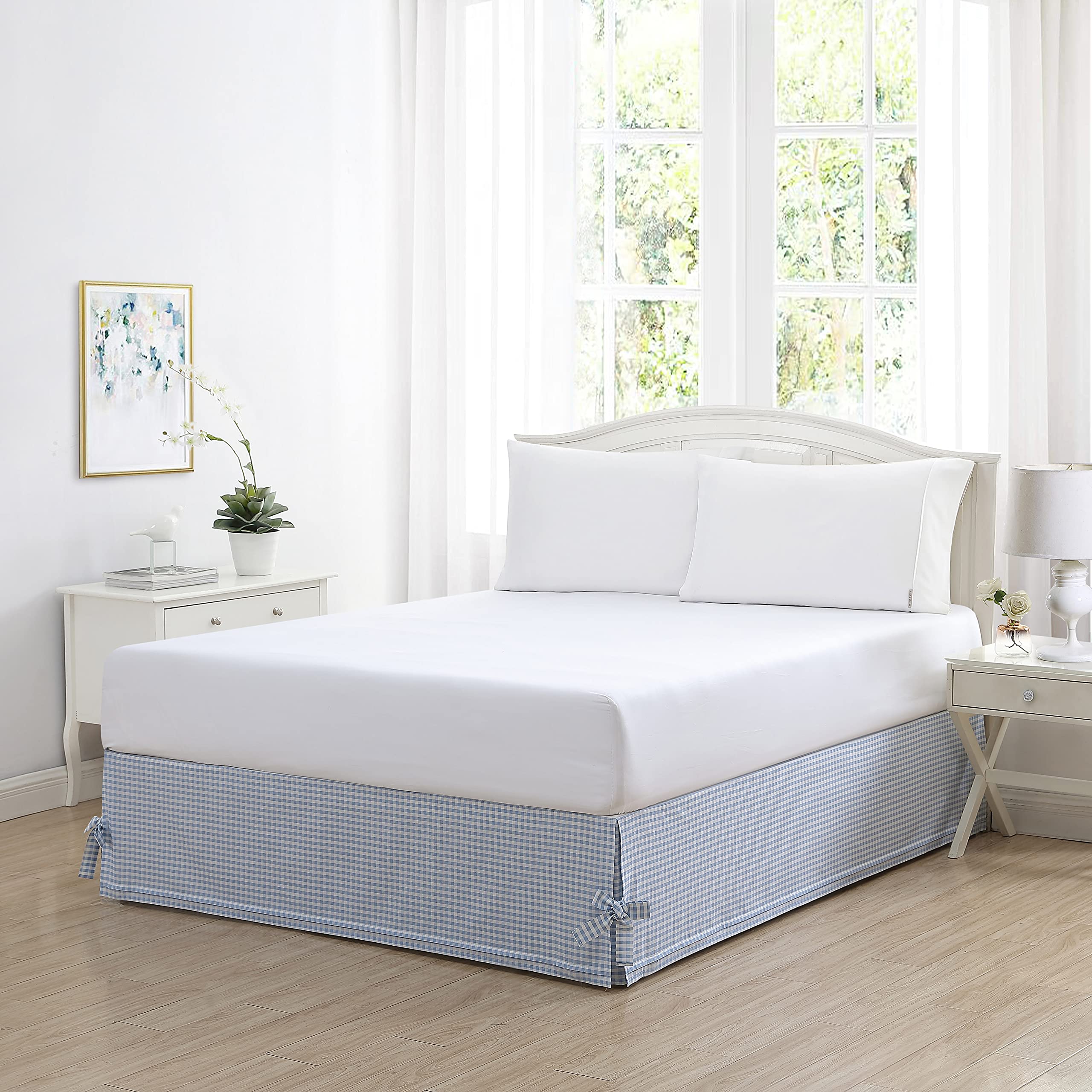 Laura Ashley - Twin Bedskirt, Plain Weave Cotton Bedding, Split Corner with Decorative Bow Ties, Dorm Essentials, Oeko-Tex Certified (Hedy Blue)