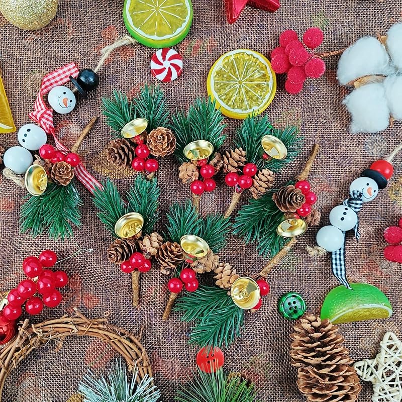 Christmas Floral Picks with Jingle Bells, 25 Pcs Pine Cone & Red Berry Sprigs for Wreaths & Decor