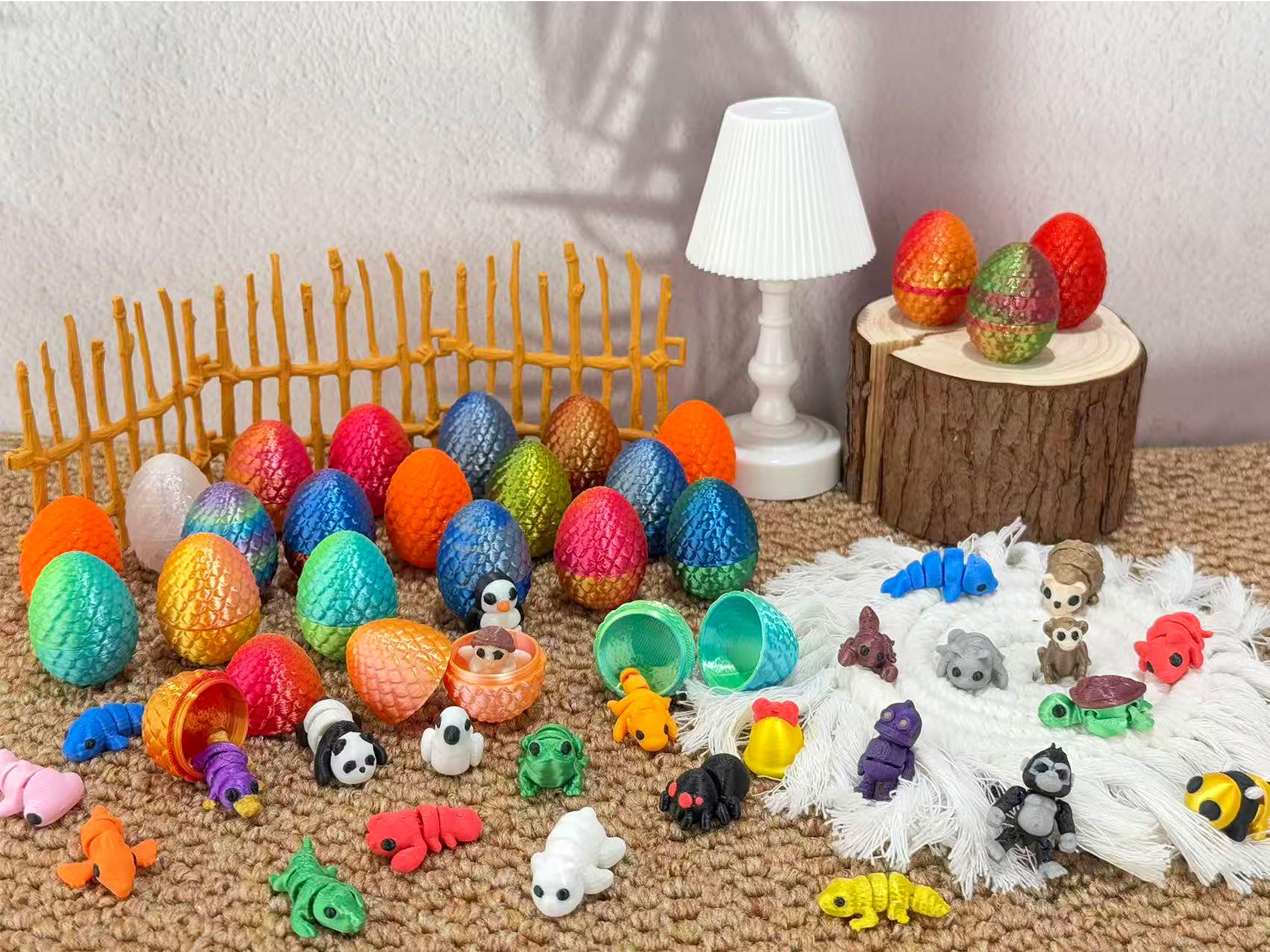 24 Pcs 3D Printed Easter Eggs with 24pcs Random Mini Animal Inside,Home Office Decor Executive Desk,Christmas, Easter, and Birthday Gifts