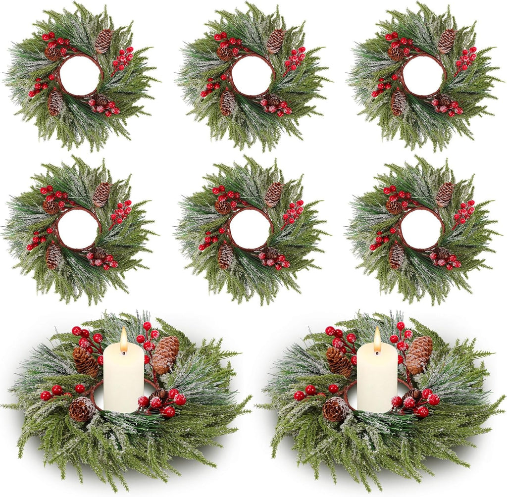 Suncalla Christmas Candle Rings - 8 Pcs Artificial Red Berry Wreaths for Festive Home Decor