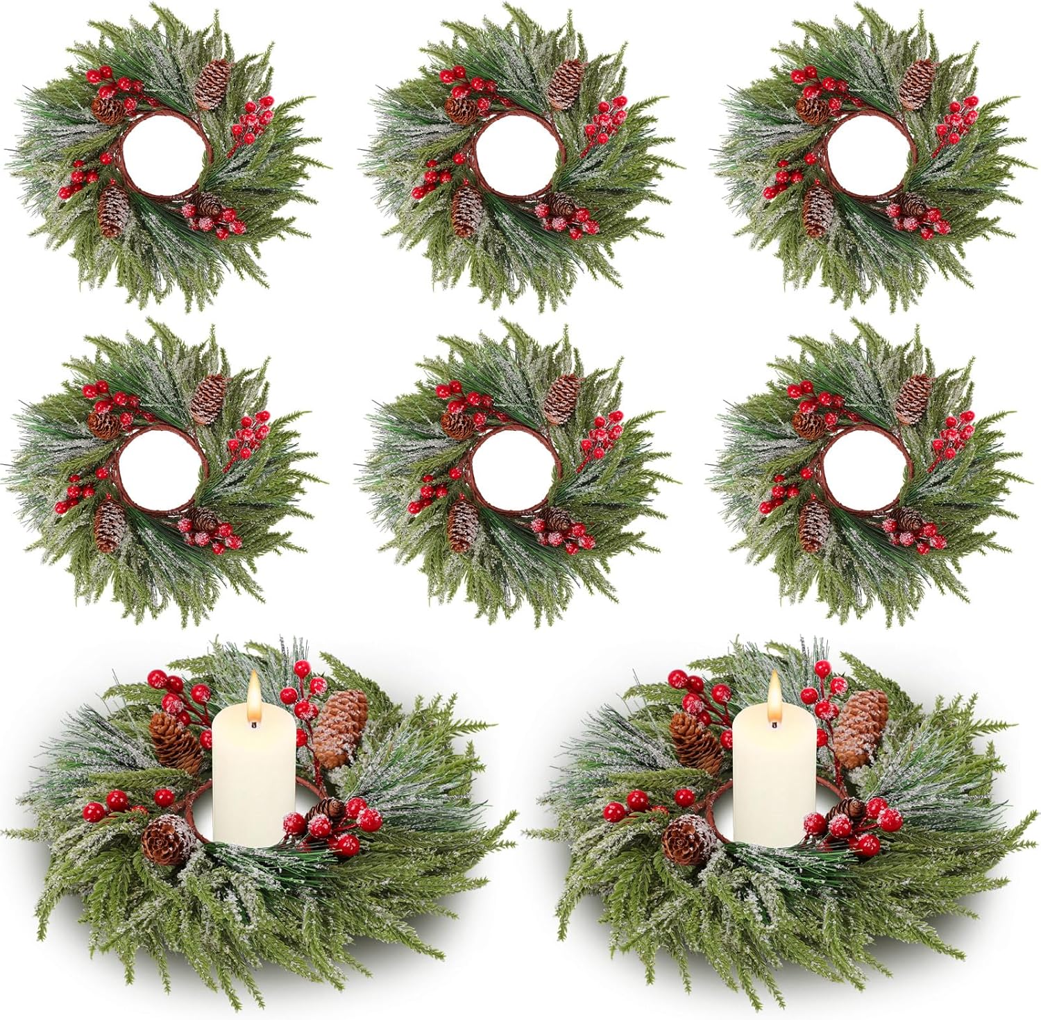 Suncalla Christmas Candle Rings - 8 Pcs Artificial Red Berry Wreaths for Festive Home Decor