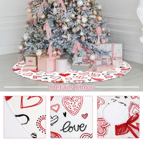 Valentine's Day Tree Skirt 48 Inch Red Love Heart Xmas Tree Skirt Indoor Outdoor Valentines Decorations Romantic Christmas Tree Mat for Home Party Holiday Decor