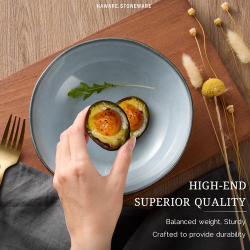 HaWare Plates and Bowls Set, Stoneware Dinnerware Sets, 24-Piece Hand-painted Dishware for 6, Ceramic Dinner Set for Home Kitchen, Scratch Resistant, Microwave and Dishwasher Safe, Reactive Foggy Blue