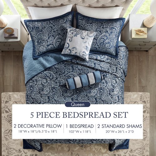 Madison Park Aubrey Reversible Quilted Bedspread Set, Solid Reverse Summer Breathable, Lightweight All Season Bedding Layer, Matching Shams, Bedspread Queen(102"x118"), Navy 5 Piece