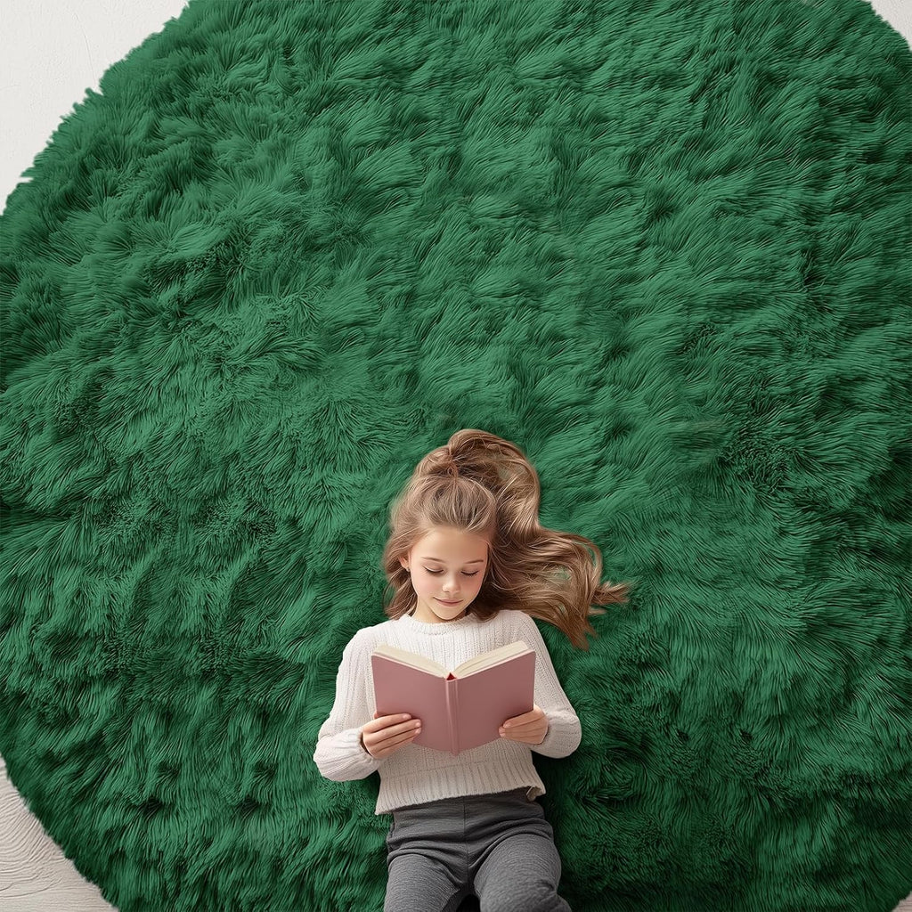OLANLY Dark Green Round Rug - Soft, Fluffy Shaggy Carpet | 9 ft Machine Washable Area Rug for Bedroom & Living Room Decor