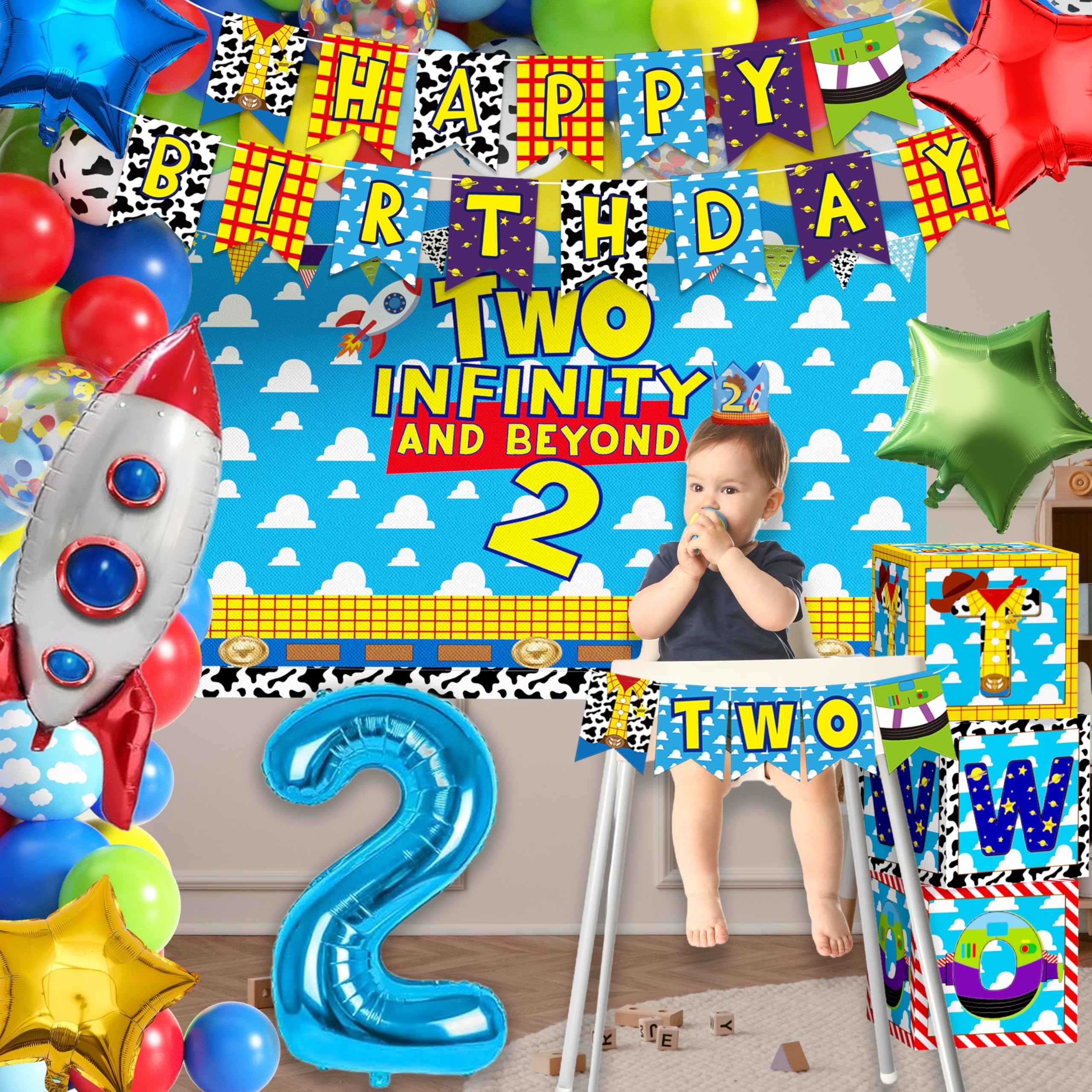 Two Infinity and Beyond Birthday Decorations Cartoon Story 2nd Birthday Party Supplies Include Balloon Arch Banner Backdrop Tablecloth Crown for Toy Themed Party Decor