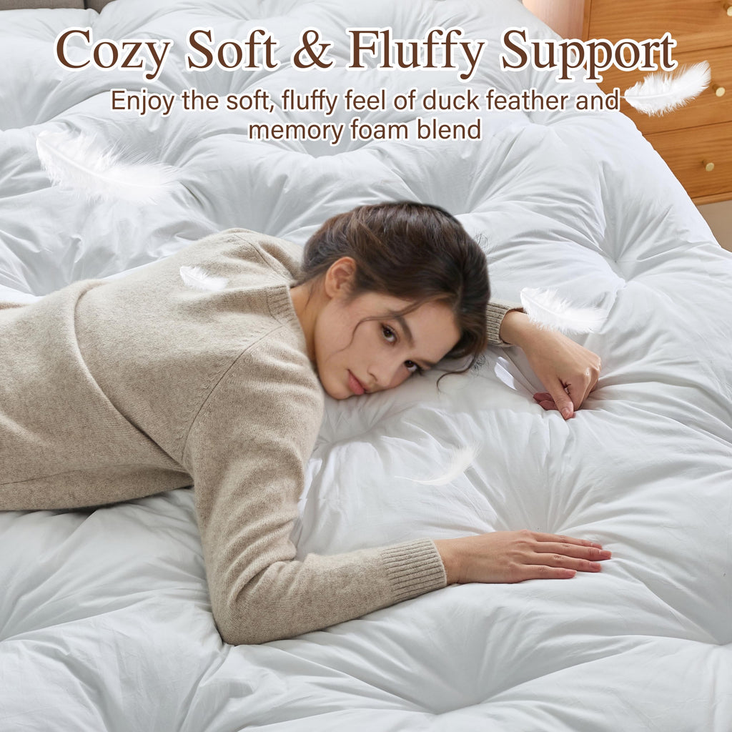 WhatsBedding 3 Inch Feather Bed Mattress Topper, Duck Feather Memory Foam Bed Topper,Soft Fluffy Supportive Pressure Relief Mattress,Queen