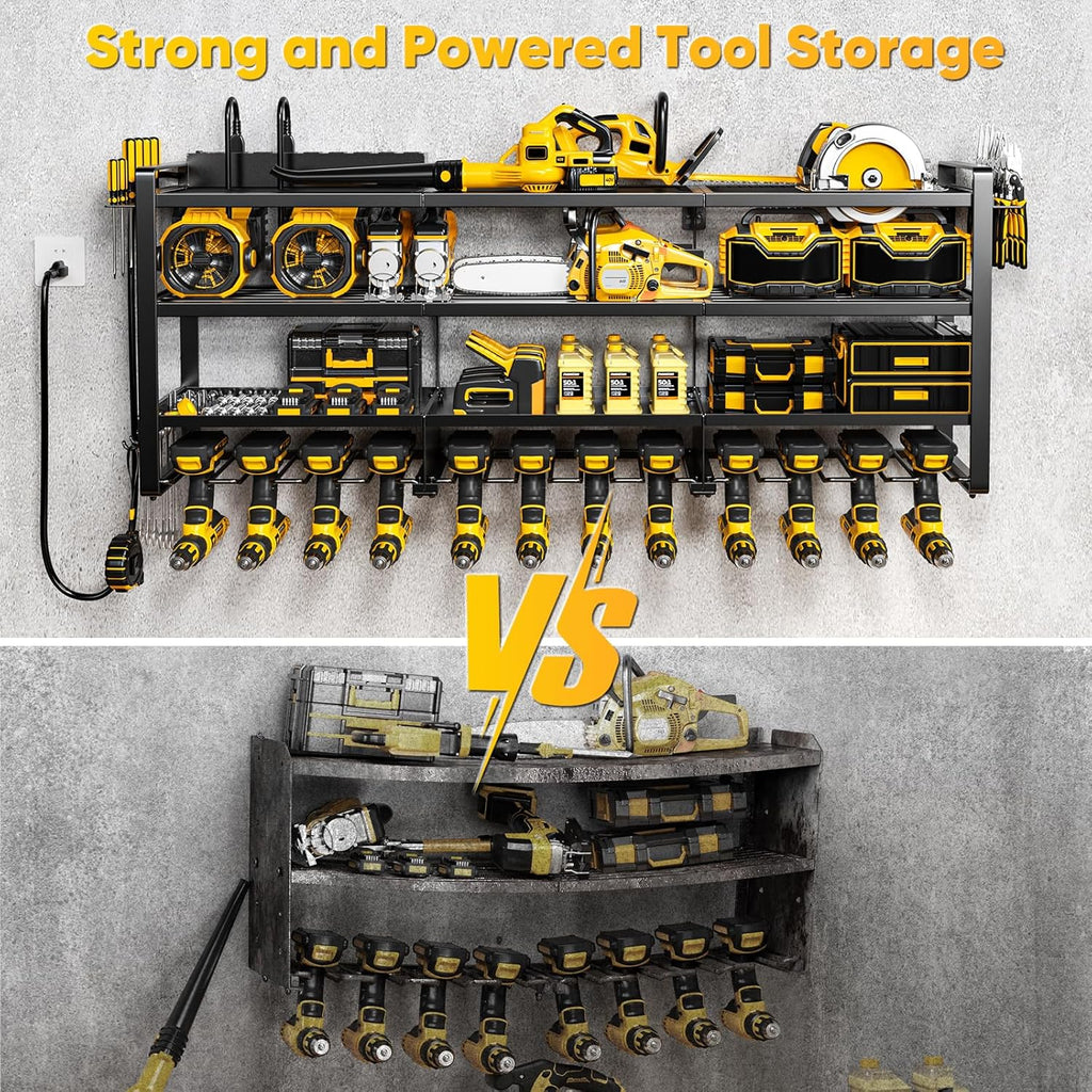 POKIPO Large Power Tool Organizer - Wall Mount Charging Station with 8 Outlet Power Strip | 49.5" 4-Tier Heavy Duty Storage for 12 Cordless Drills, 800 lb Load Capacity