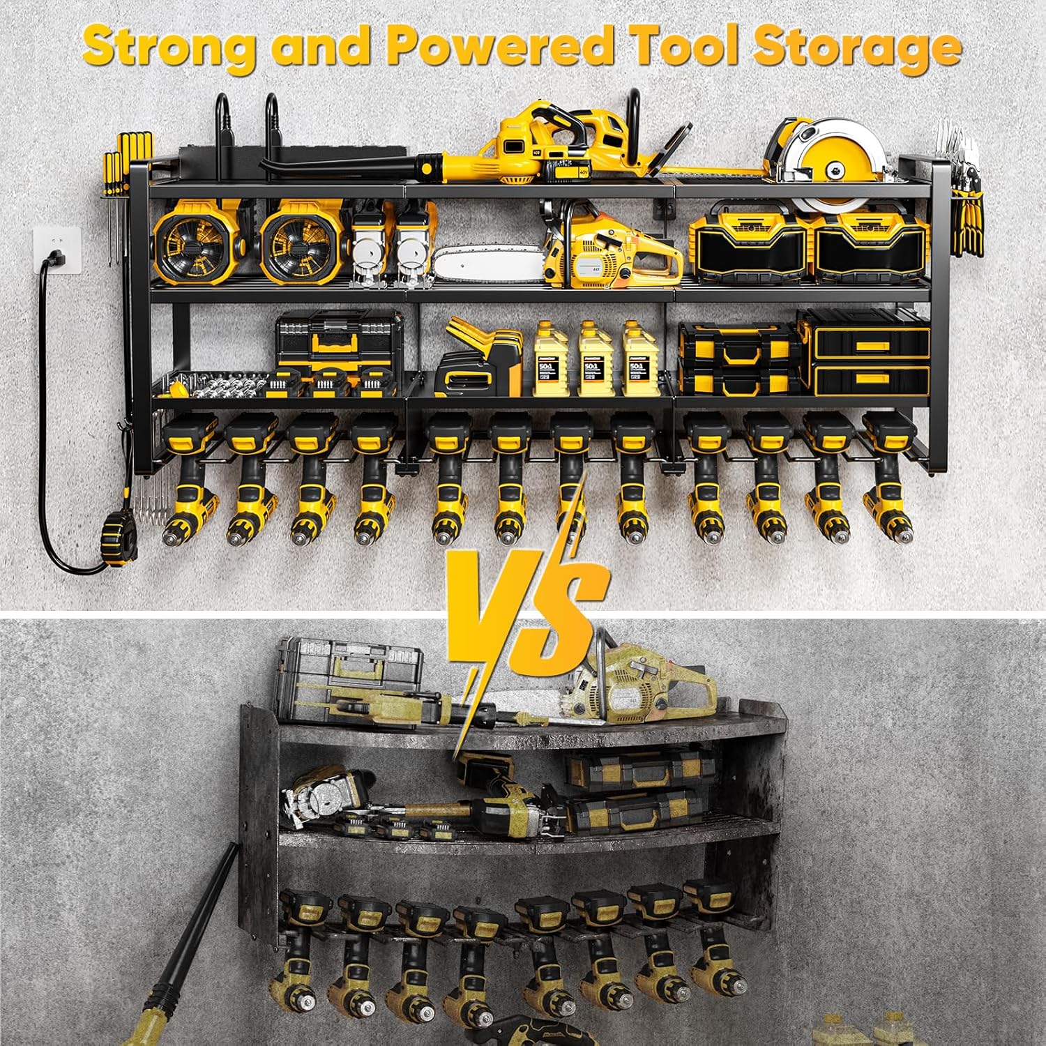POKIPO Large Power Tool Organizer - Wall Mount Charging Station with 8 Outlet Power Strip | 49.5" 4-Tier Heavy Duty Storage for 12 Cordless Drills, 800 lb Load Capacity