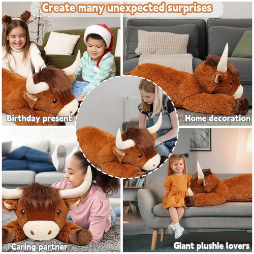 Ksidzas 39 Inch Giant Highland Cow Stuffed Animal, Big Cattle Plushie Toy for Kids & Adults, Fluffy Large Size Stuffed Cow Hugging Pillow Gifts for Birthday Christmas