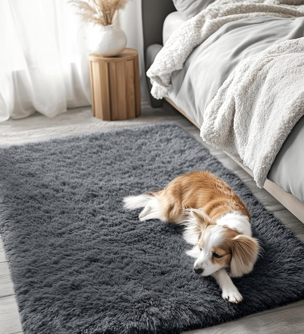 OLANLY Accent Rug - Soft Fluffy Shaggy Area Rug for Bedroom & Living Room | Machine Washable, Grey