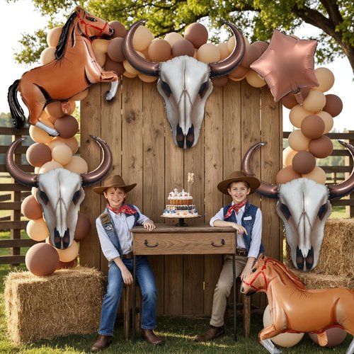 CrazyJan 2PCS Western Long Horn Cow Balloons Cowboy Longhorn Foil Balloons for Cowgirl Party Ranch Birthday Last Rodeo Bachelorette Wild West Baby Shower Decorations 25.6"x31.5"