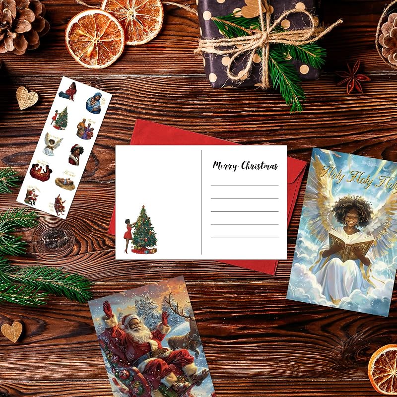 African American Christmas Cards Bulk Pack – 100 Cards with 100 Red Envelopes & 100 Stickers – 4x6 in | Variation: 100+African