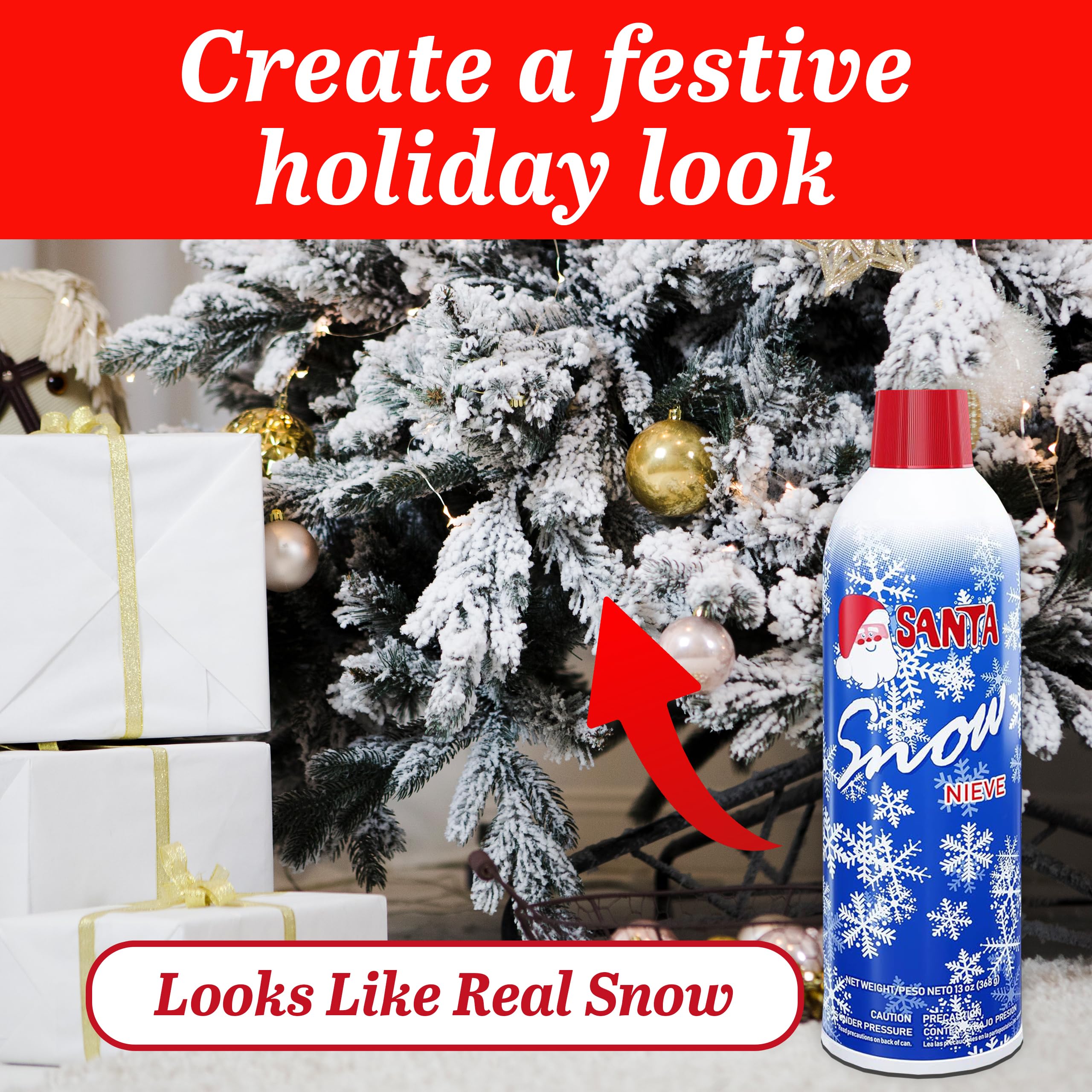 Christmas Santa Snow Spray, 2 Pack Artificial Snow for Holiday Decor, Fake Snow Effect for Christmas Tree, Wreaths, Windows, Winter Theme Indoor and Outdoor Decoration, 13 oz. Spray Bottles