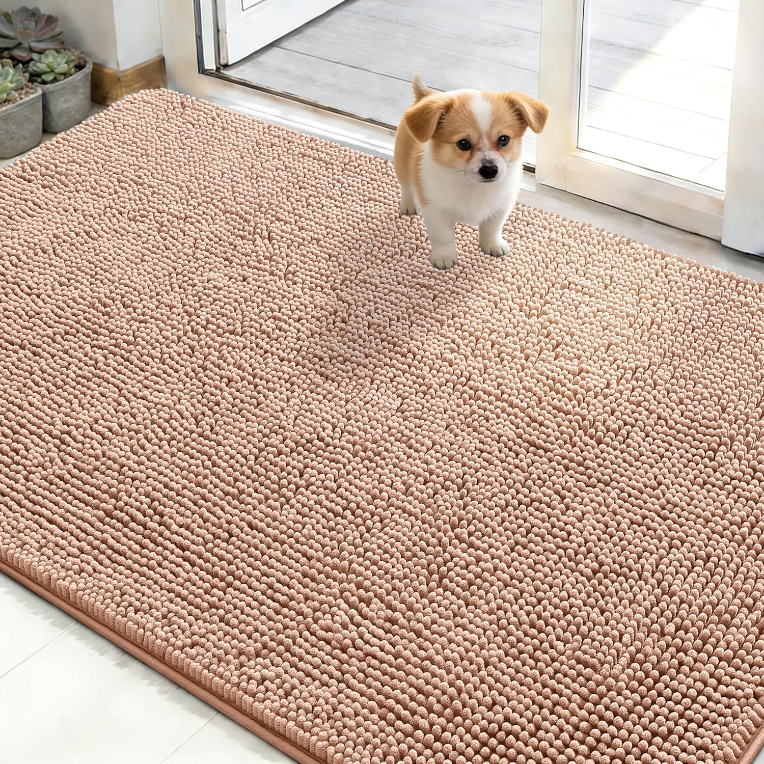 OLANLY Dog Door Mat - Absorbent Non-Slip Washable Doormat for Muddy Paws | 48x30 Peach Design