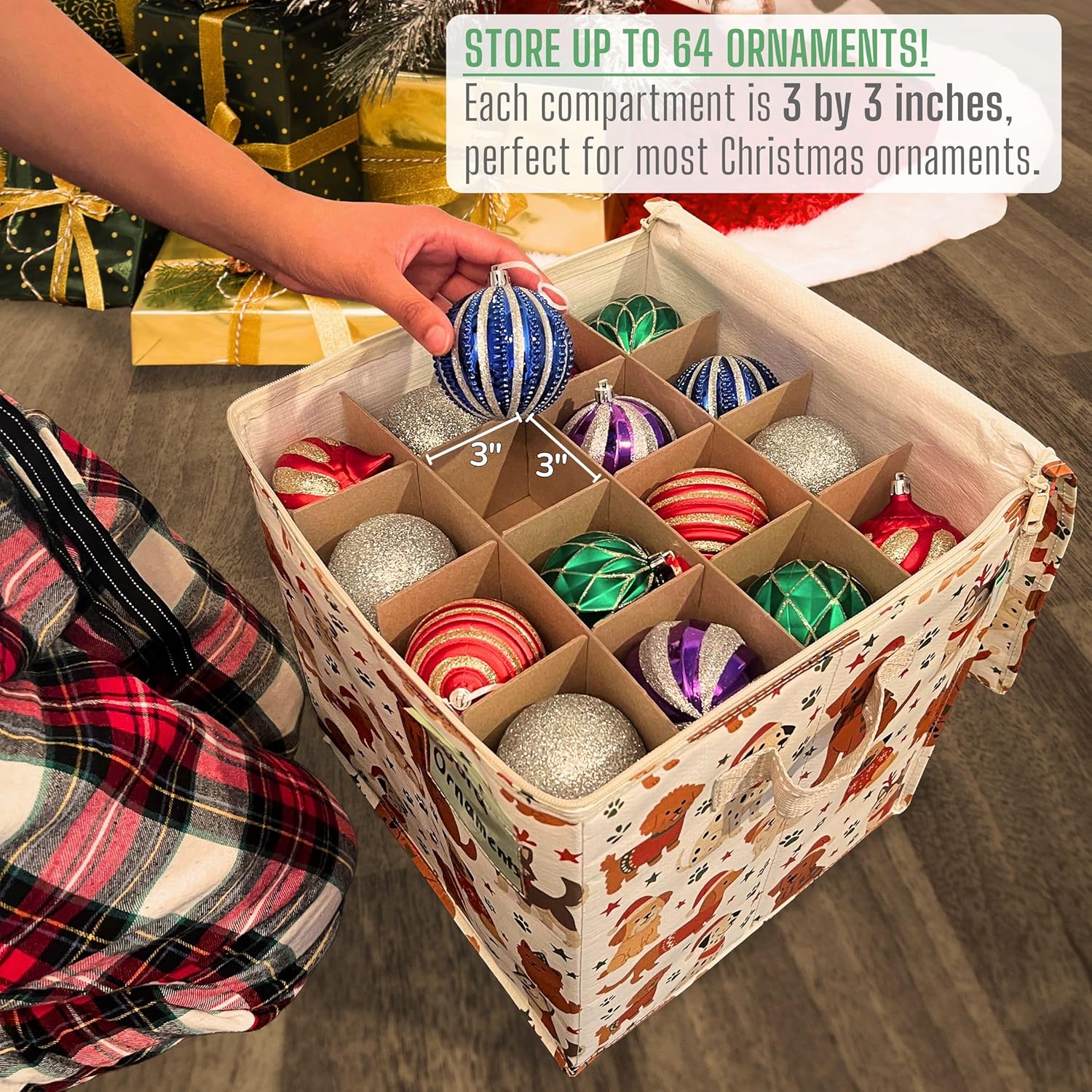 VENO Christmas Ornament Storage Box - 2 Pack with Adjustable Dividers & Zippered Top | Holds 64 Ornaments, 3 Inch Cube Compartments (Holiday Pups)