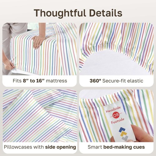 California Design Den Queen Size Cotton Sheet Set - 100% Soft Cotton, 400 TC, Award-Winning Sateen Finish, Deep Pockets - Rainbow Stripe