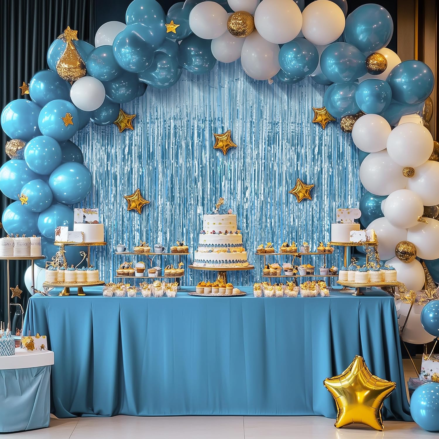 Skiennix Light Blue Fringe Backdrop - 3.2x8.2ft Shining Foil Tinsel Curtains for Parties & Events