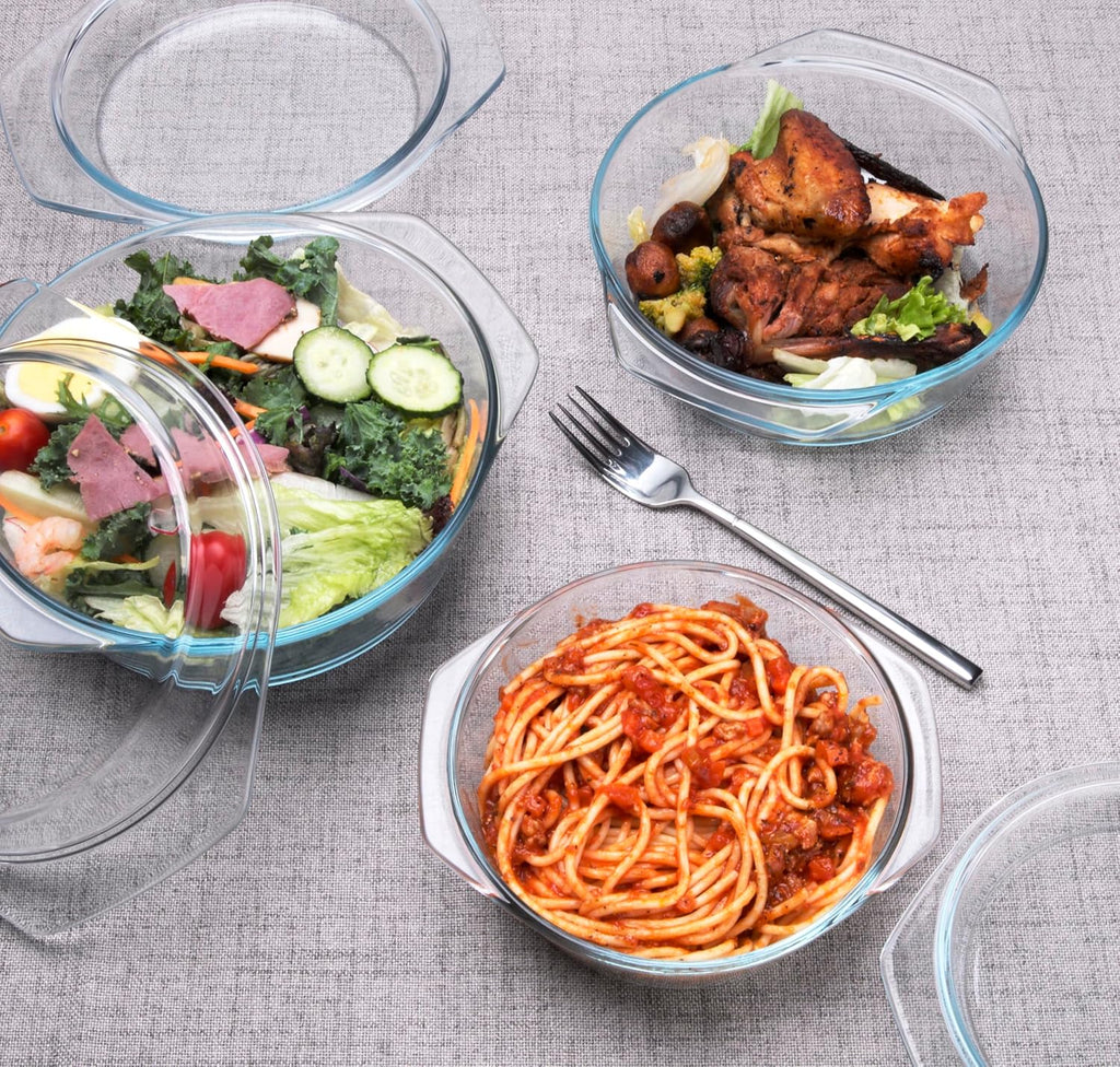 Regine Switzerland Round Tempered Glass Casserole Dish Set - 6 Pieces with Lids, Oven & Dishwasher Safe | 1QT, 1.5QT, 1.8QT