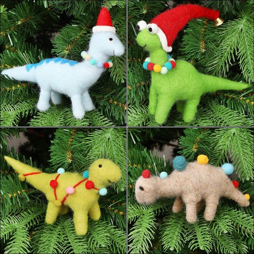 Juegoal Christmas Felt Dinosaur Ornaments - Set of 4 Cute Wool Hanging Decor for Themed Parties