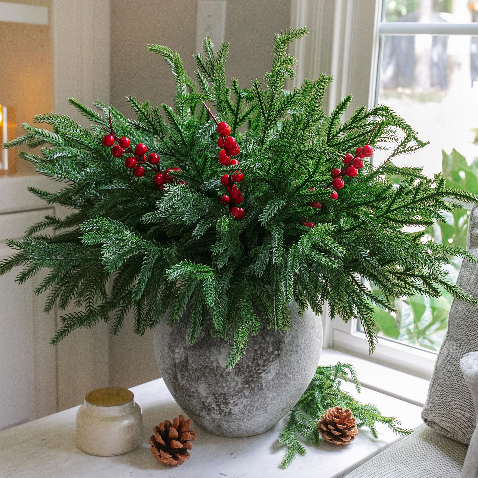 florisso Artificial Faux Christmas Norfolk Pine Stems Branches for Vases,12 Bundles Fake Evergreen Real Touch Greenery Stem with 3 PCS Red Berry Branches for Xmas Holiday Winter Table Indoor Decor