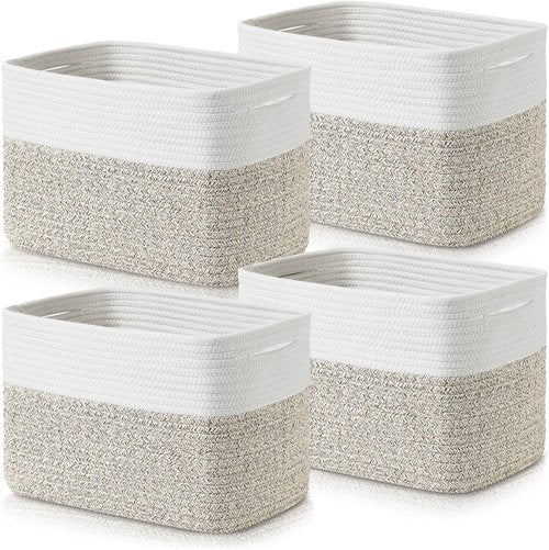 Homsorout Cotton Rope Baskets - 12” Decorative Woven Storage Bins for Living Room & Laundry | 4 Pack, White/Brown