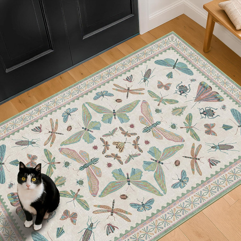 Regine Switzerland Washable Sage Green Large Entryway Rug - Non-Slip Vintage Floral Design, 3x5