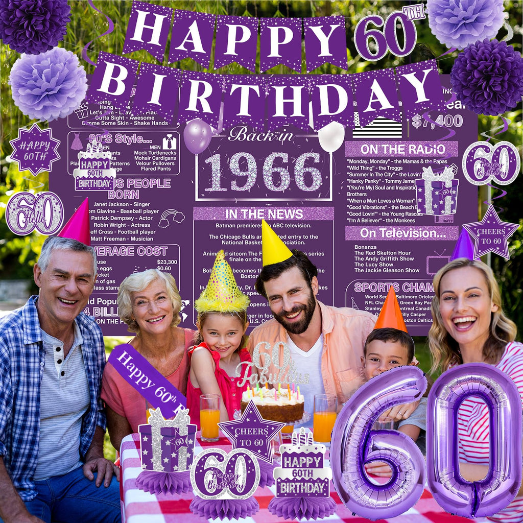 Crenics Purple 60th Birthday Decorations for Women - Back in 1966 Backdrop, Banner, Swirls, Centerpieces, Sash, Paper Pom Poms, Cake Topper and Balloons for 60 Birthday Party Supplies