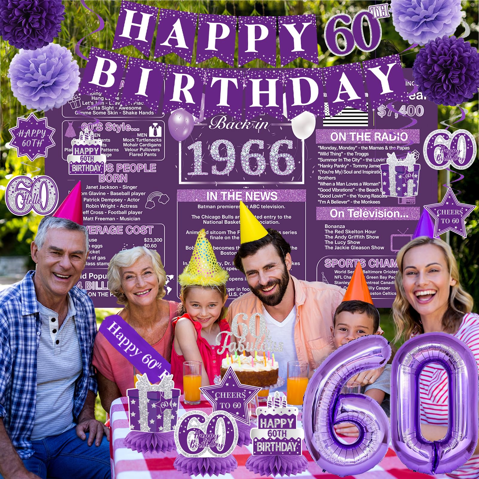 Crenics Purple 60th Birthday Decorations for Women - Back in 1966 Backdrop, Banner, Swirls, Centerpieces, Sash, Paper Pom Poms, Cake Topper and Balloons for 60 Birthday Party Supplies
