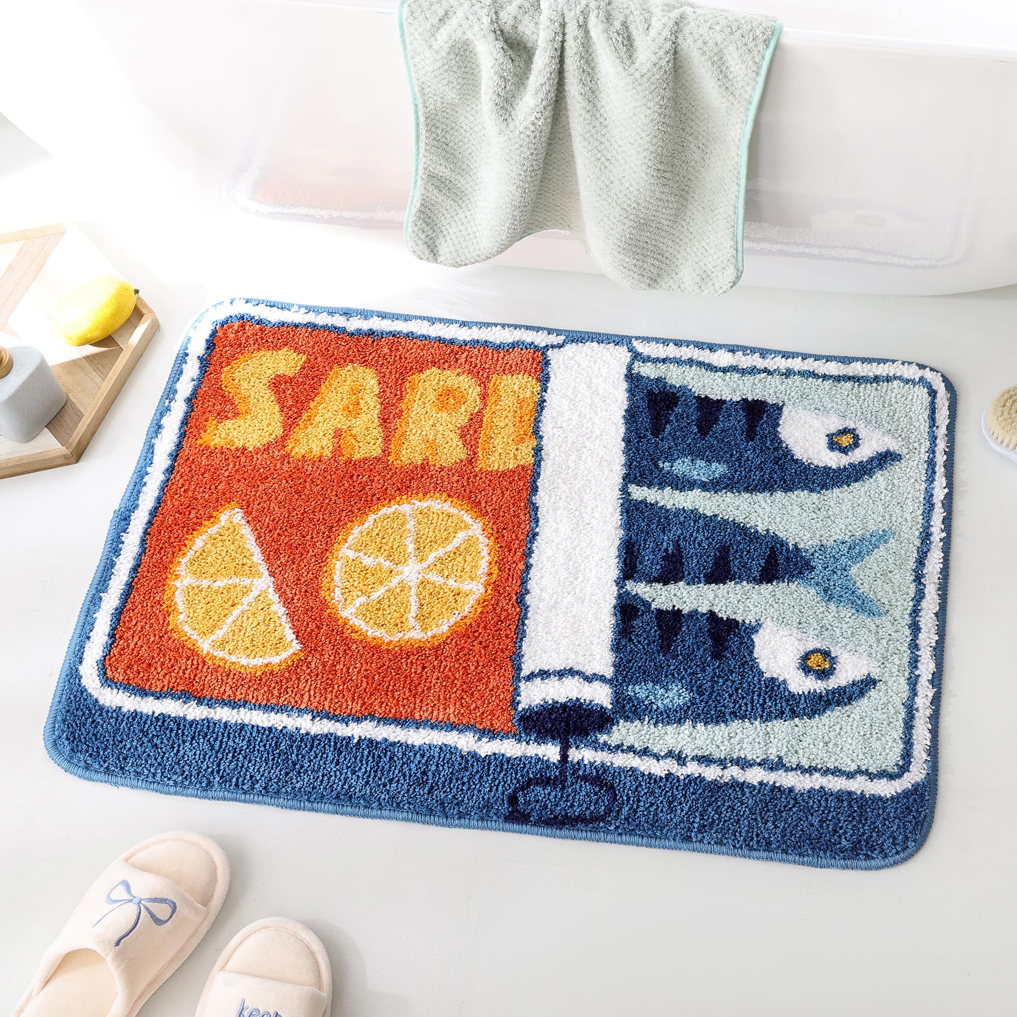 TRUEDAYS Sardine Can Bath Mat, Blue Bathroom Rugs for Bedroom, Soft Washable Rug Non Slip Cute Kitchen Bath Mats for Bathroom Funny Cartoon Fish and Lemon