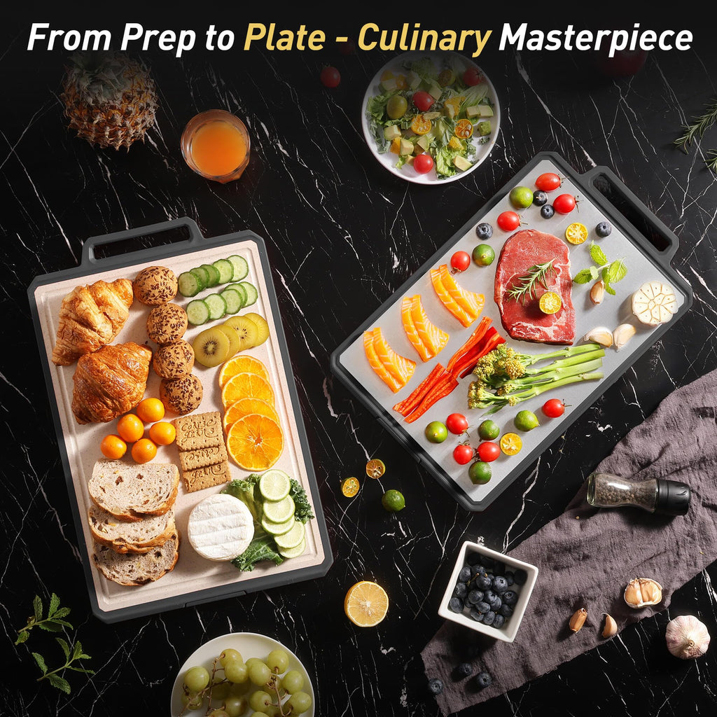 Titanium Cutting Boards for Kitchen Chopping Board with Handle Large Big Small Kitchen Meat Butcher Block 2 in 1 Pure Titanium and Wheat Straw PP Not Wood Bamboo Plastic Silicone Teak Morandi Blue