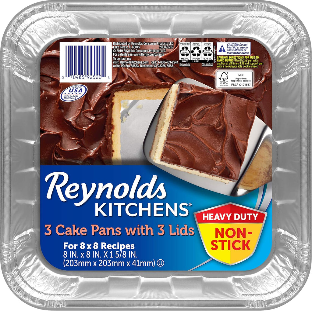 Reynolds Kitchens Aluminum Pans - Durable with Lids | Blue, 8x8 Inch, 3 Count