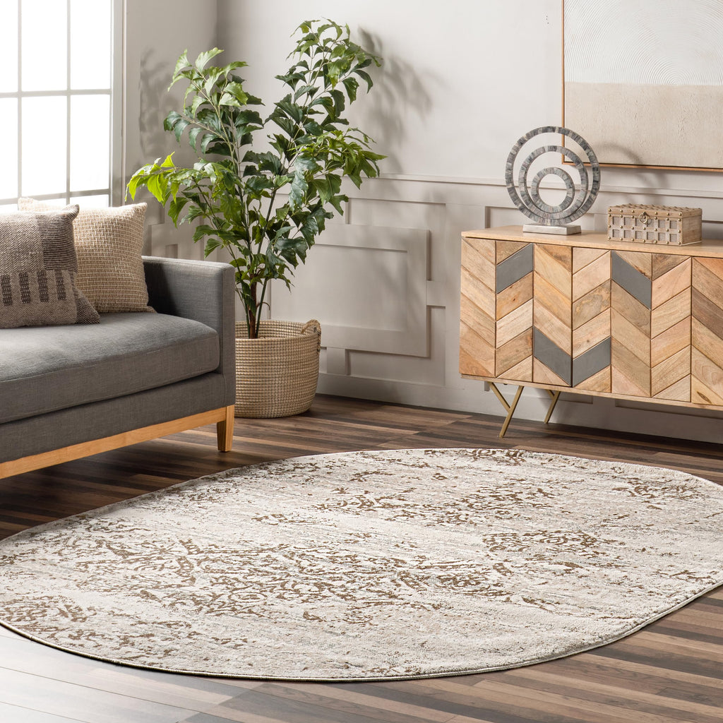 Nuloom Freja Beige/Ivory, 6'7" x 9' Oval, Distressed Floral, Soft and Cozy, High Traffic, Stain Resistant, Easy Clean, Durable Area Rug for Bedroom, Living Room, Dining Space, Den, Foyer, Entryway