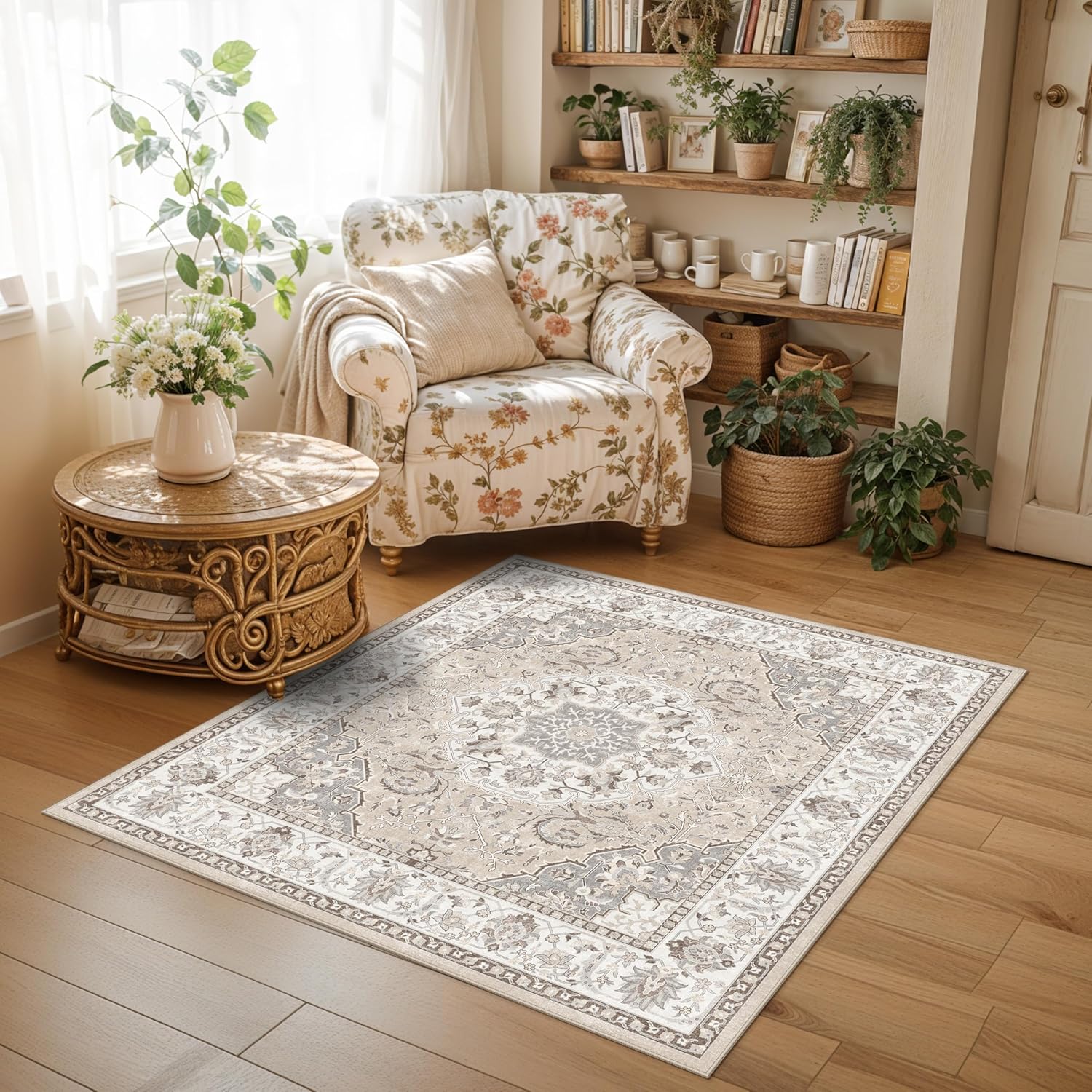 Skiennix Washable 5x5 Square Area Rug - Non-Slip, Stain-Resistant, Water-Resistant Beige Carpet for Indoor Use
