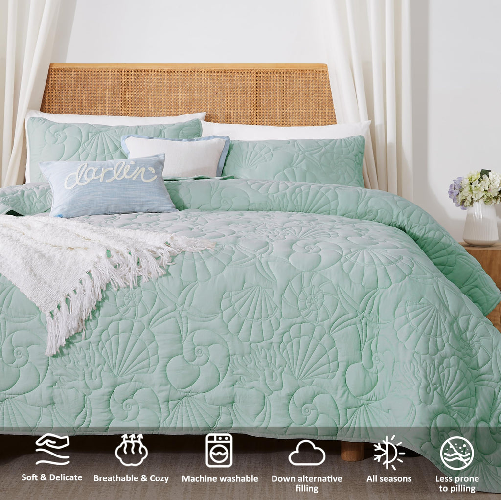 WDCOZY Coastal Beach Queen Size Quilt Bedding Sets, Seafoam Green Nautical Tropical Ocean Bedspread, Scallop Seashell Soft Coverlet, Lightweight Summer Thin Comforter for All Season