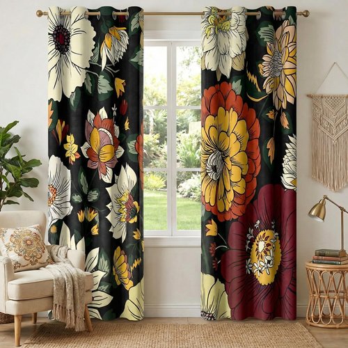 NICETOWN 100% Blackout Boho Floral Curtains for Living Room Bedroom Botanical Fall Drapes Grommet Thermal Insulated Soundproof Vintage Flower Pattern Printed Window Treatment, W52xL96, 2 Panels
