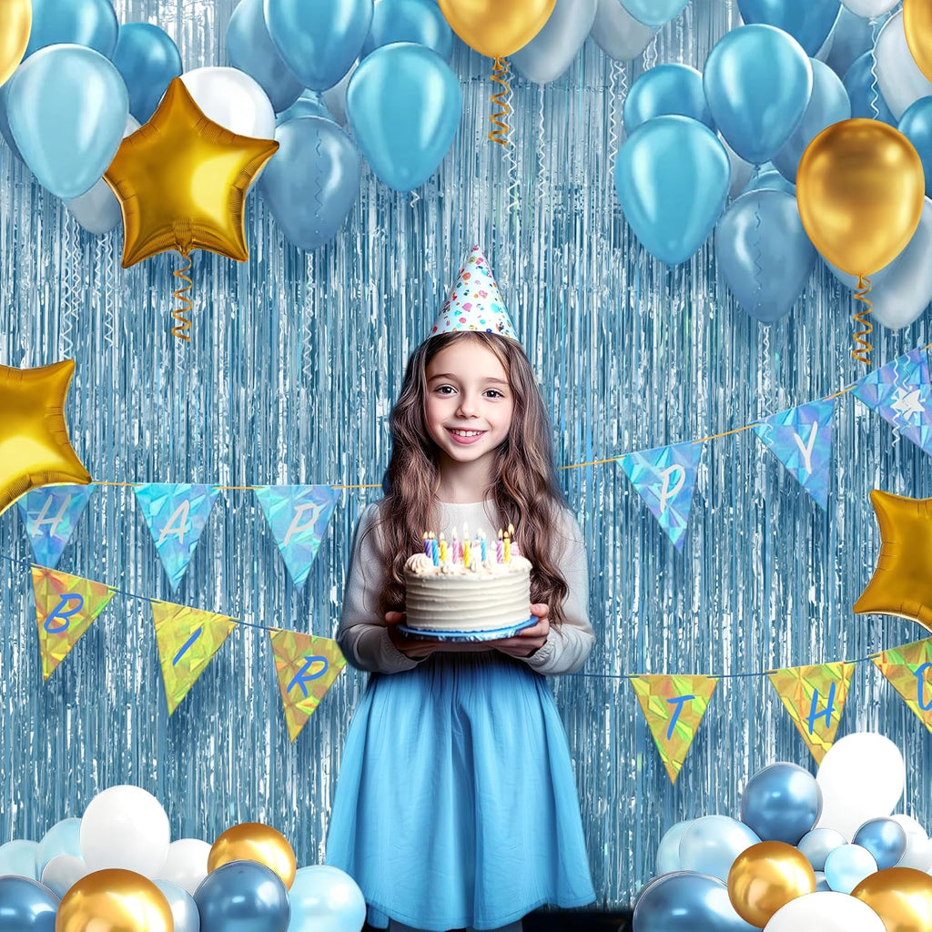 Skiennix Light Blue Fringe Backdrop - 3.2x8.2ft Shining Foil Tinsel Curtains for Parties & Events