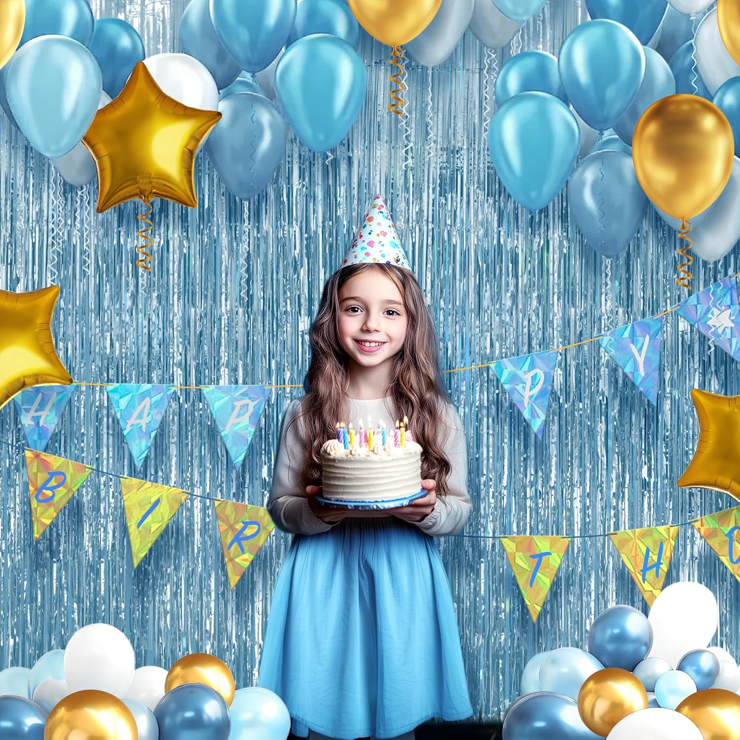 Skiennix Light Blue Fringe Backdrop - 3.2x8.2ft Shining Foil Tinsel Curtains for Parties & Events