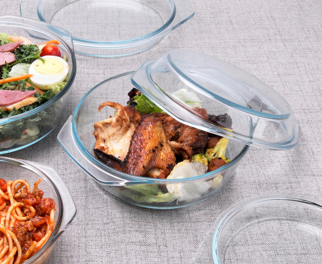 Regine Switzerland Round Tempered Glass Casserole Dish Set - 6 Pieces with Lids, Oven & Dishwasher Safe | 1QT, 1.5QT, 1.8QT