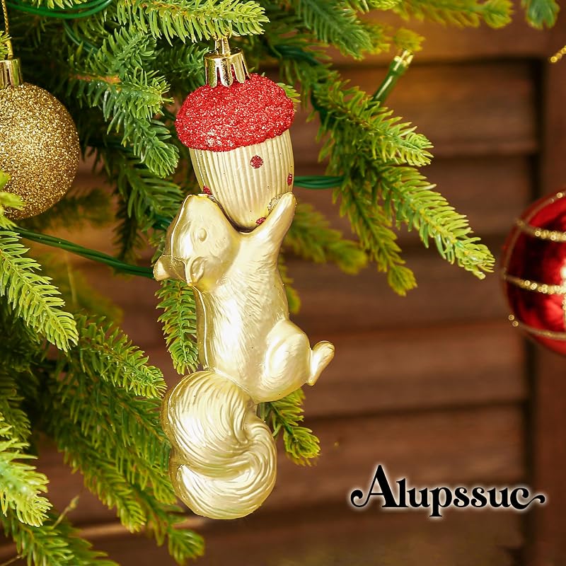 Christmas Tree Ornaments Set 96pcs - Shatterproof Plastic Baubles with Forest Animal Designs in Red & Gold