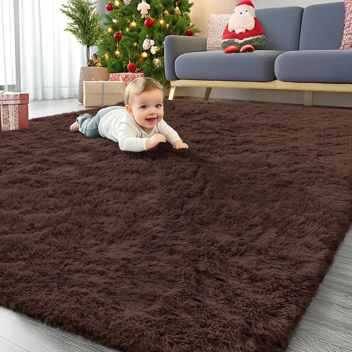 OLANLY Large Area Rugs - Soft Fluffy Shaggy Indoor Carpet for Living Room & Bedroom | 7x12 ft, Coffee