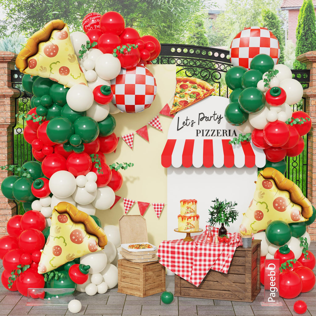 PageebO Pizza Party Decorations，150PCS Red Green Ivory White Balloons with Pizza Checkered Balloons for Pizza Party Favors BBQ Picnic Birthday Party Decorations Slice Slice Baby Shower Home Decor