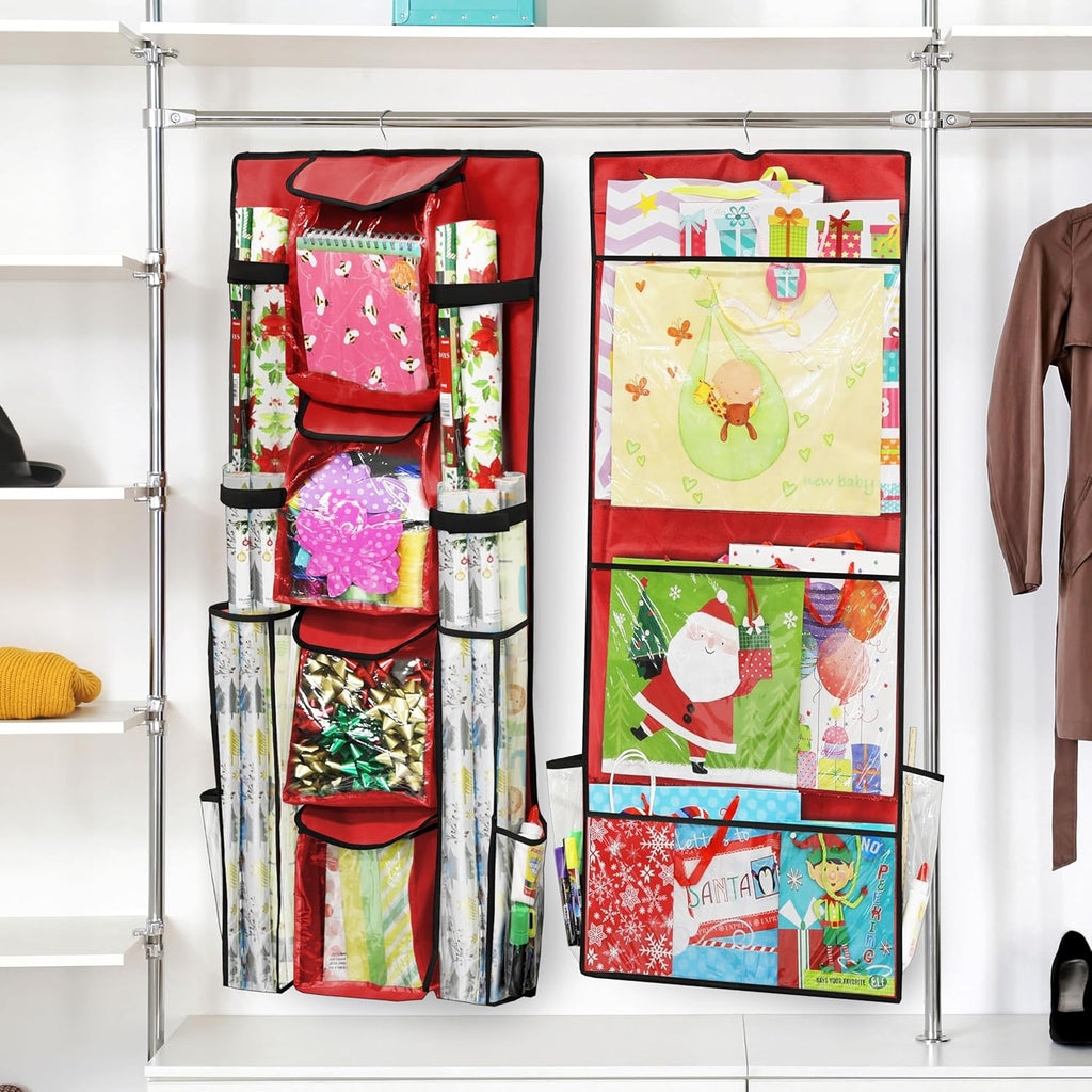 Simple Houseware Gift Wrap Organizer - Double-Sided Storage Pockets in Red | Set of 1