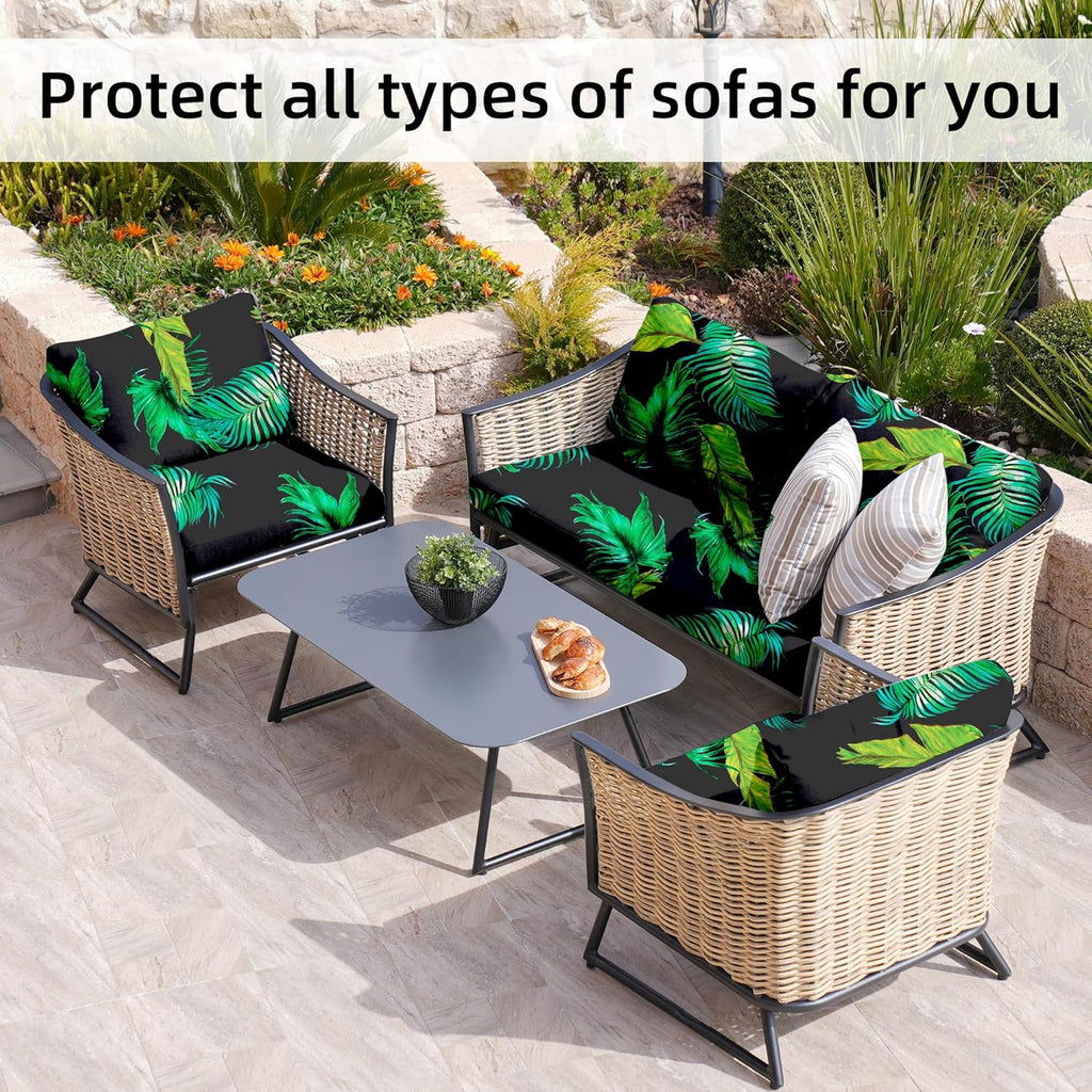 BIETYONE Outdoor Couch Cushion Covers - 8Pcs Washable & Reusable Slipcovers | Green Leaf Design